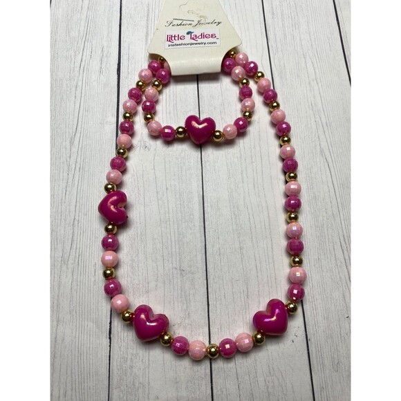 Little Ladies Pink Heart Necklace and Bracelet Set 2-Piece Fashion Jewelry - Picture 1 of 4